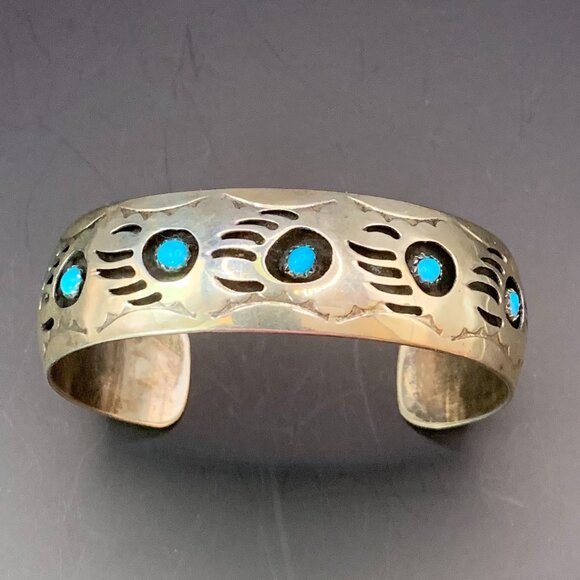 Navajo Bear Claw Paw Shadowbox Turquoise Sterling Cuff Bracelet P. Spencer - Picture 9 of 14